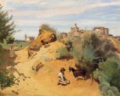 让 巴蒂斯特 卡米耶 柯罗 : Genzano - Goatherd and Village